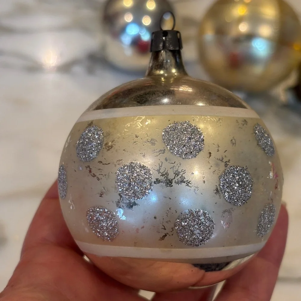 Assorted Vintage MCM Glass Ball Christmas Ornaments Red Gold Silver Set 6pc